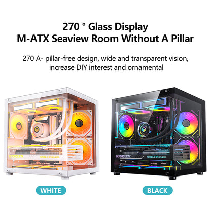 PADO YL M-ATX Gaming PC Case 270° Panoramic Sea View  Double Sided Tempered Glass No A-Pillar Design High-Performance Desktop Chassis