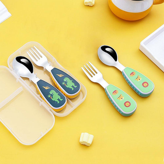 2Pcs Toddler Utensils Cute Toddler Feeding Spoon And Fork Set 304 Stainless Steel Cartoon Spoon And Fork Set