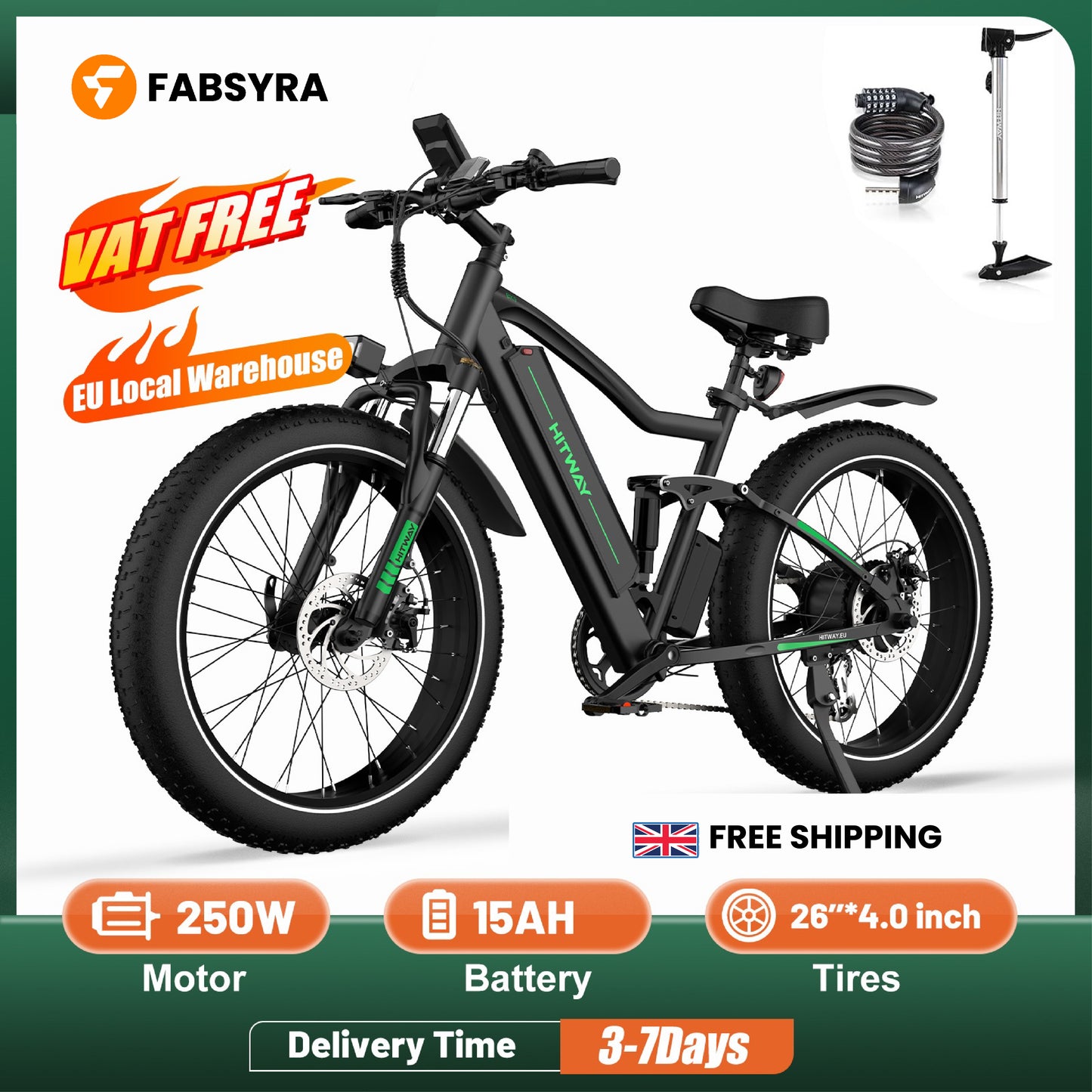 HITWAY 26" 4.0 Fat Tire Electric Bike,Electric Bicycle with 250Watt Moter 48V 15Ah Lithium Battery, 7 Speed Gear E Mountain Bike