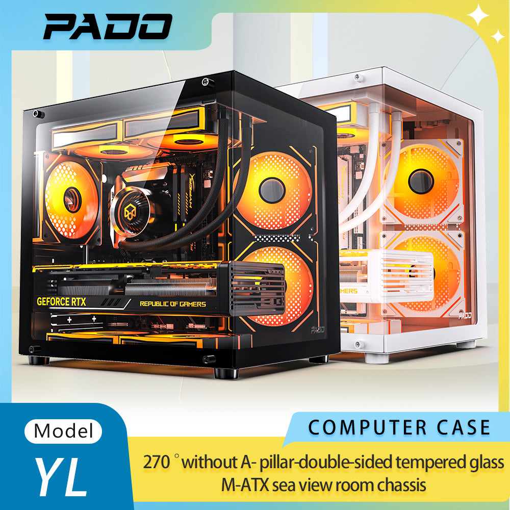 PADO YL M-ATX Gaming PC Case 270° Panoramic Sea View  Double Sided Tempered Glass No A-Pillar Design High-Performance Desktop Chassis